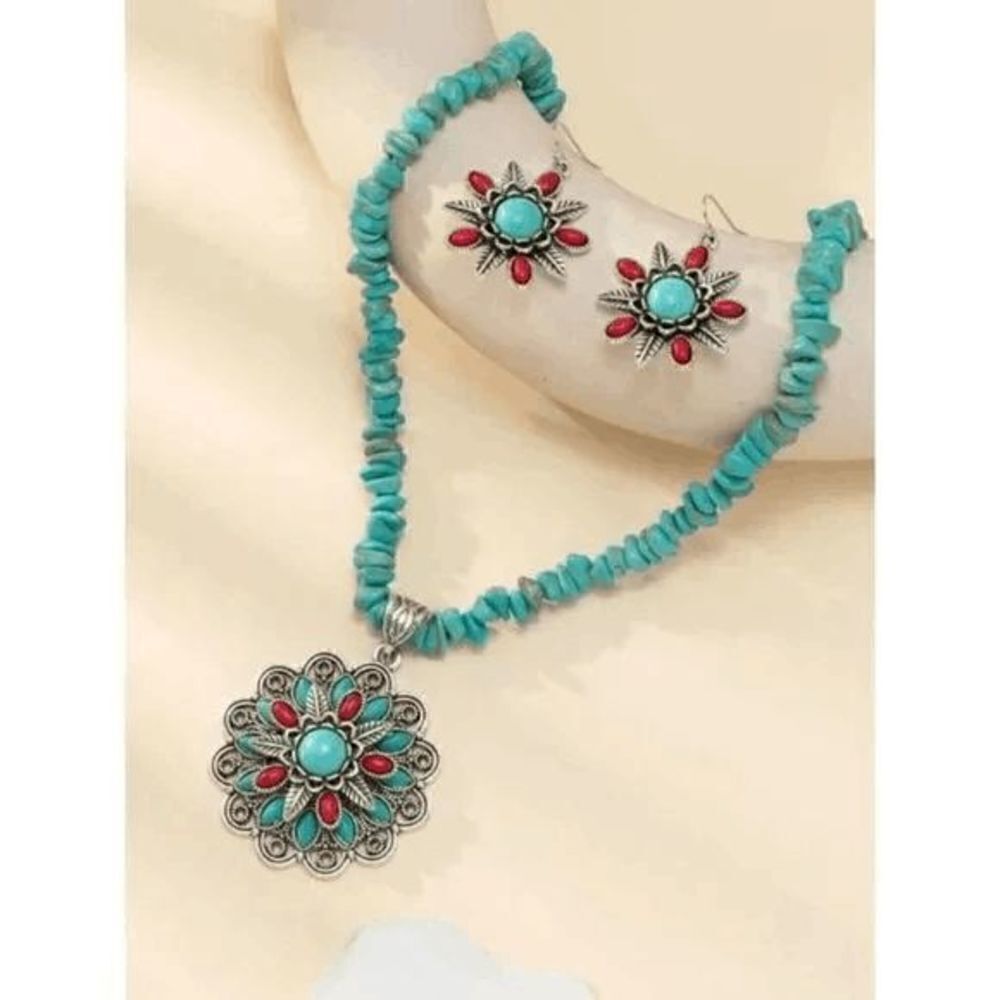 Silver Turquoise Coral Flower Necklace & Earring Set